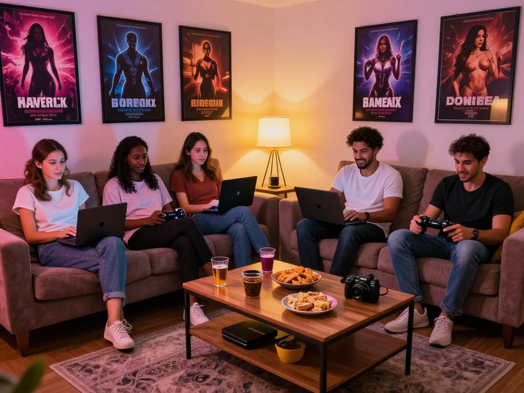 Group enjoying porn games in a cozy living room atmosphere.