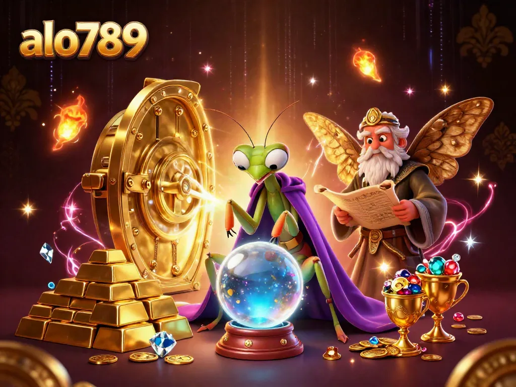 Experience thrilling gambling at alo789 with magical characters and dynamic treasures surrounding them.