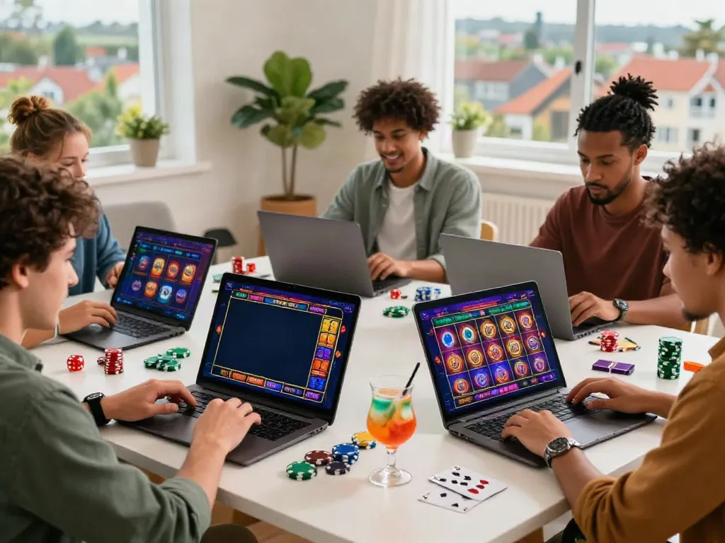 Players enjoying non gamstop online gaming experience in a cozy home setting.