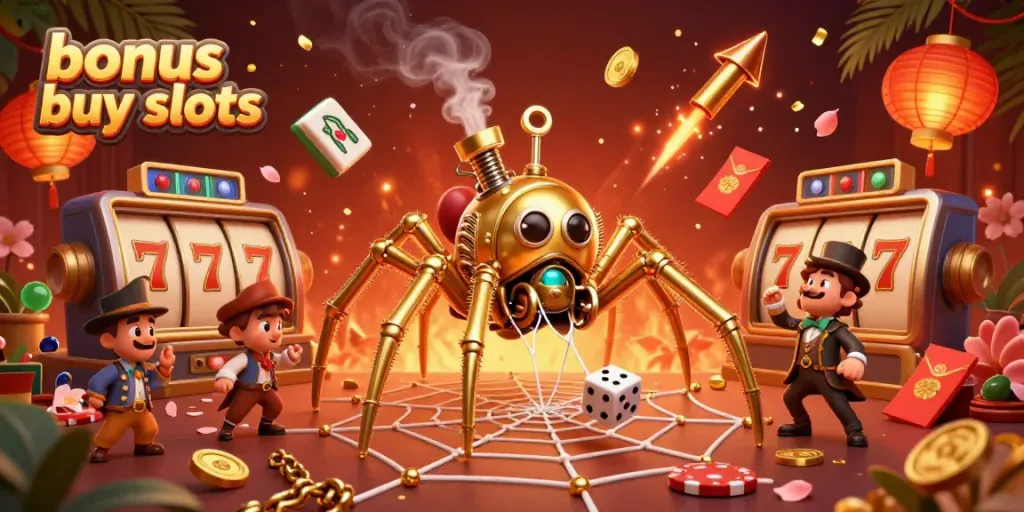 Experience bonus buy slots excitement in a vibrant 3D casino scene with steampunk elements and slot games.