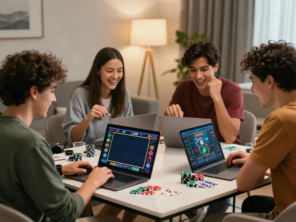 Friends enjoying a gaming night at non gamstop online casino, vibrant atmosphere.