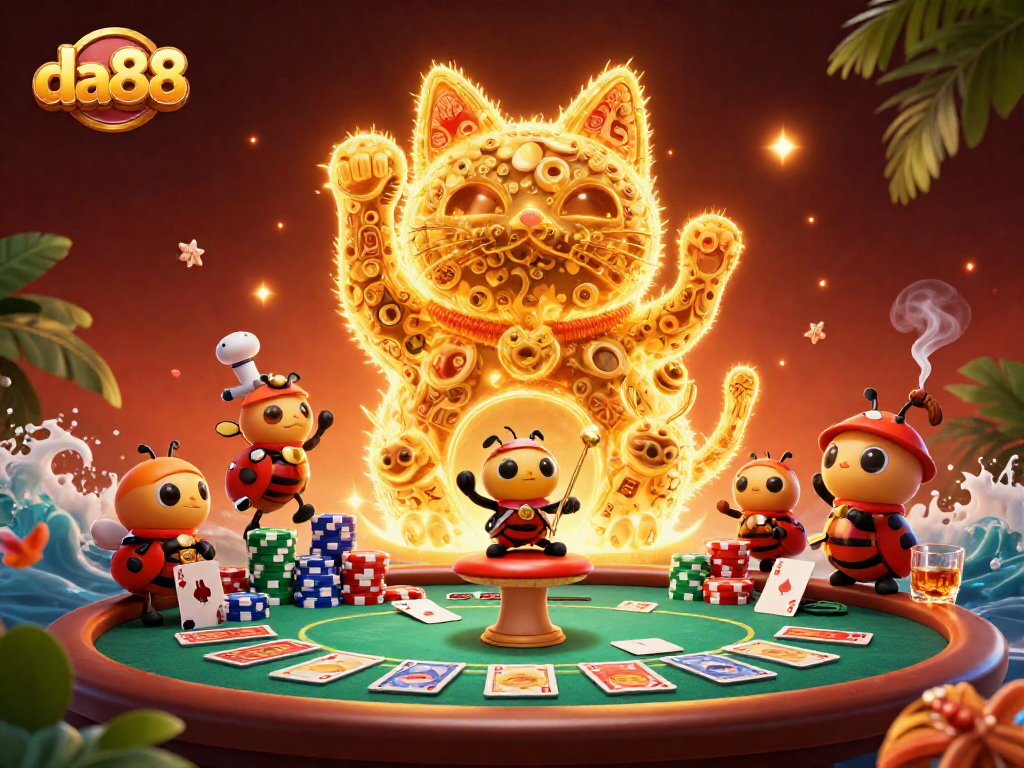da88 showcases a vibrant 3D scene with a lucky cat and poker elements for casino enthusiasts.