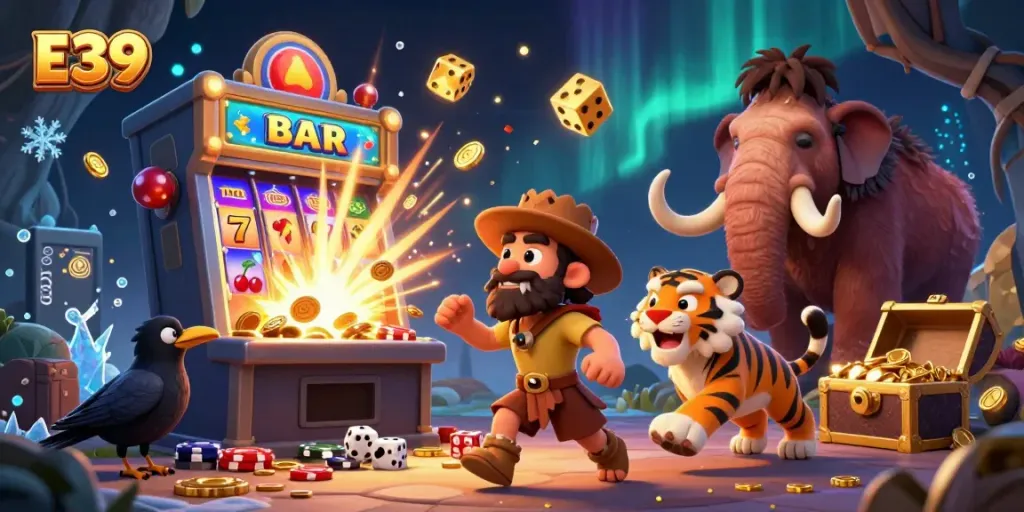 E39's dynamic prehistoric casino scene features animated characters, casino games, and vibrant jackpot symbols.