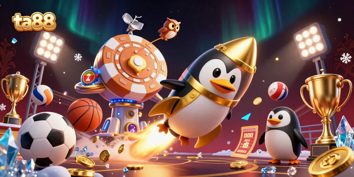 Experience ta88's thrilling casino adventure with a golden penguin racing to a poker chip space station