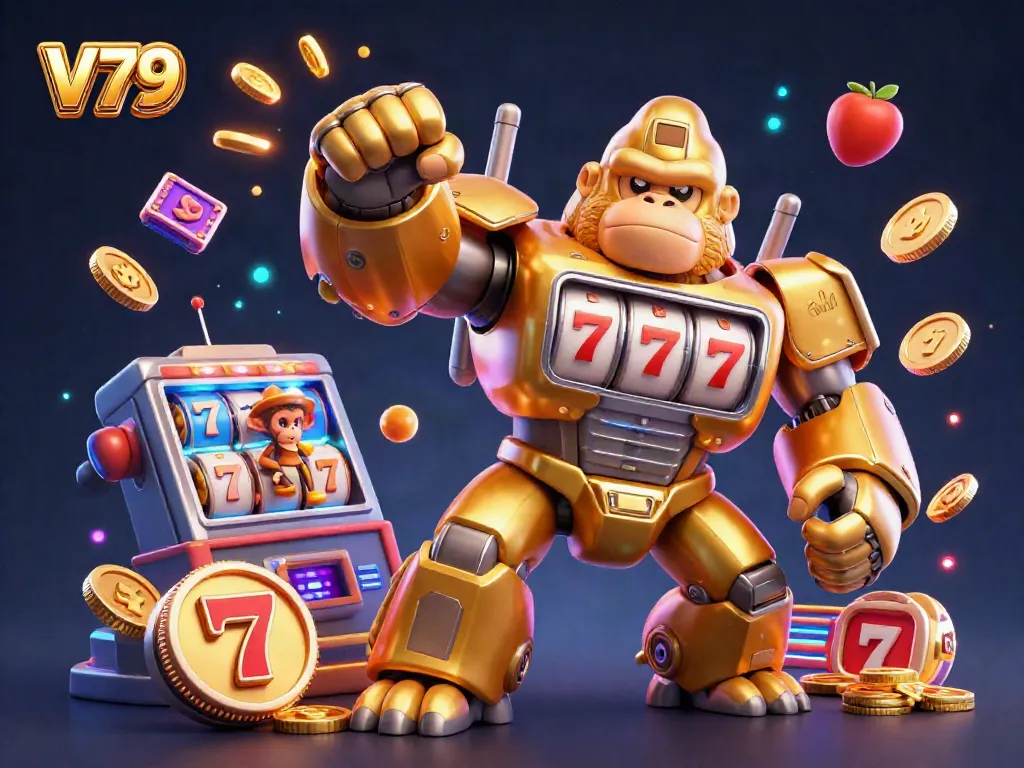 Experience V79's thrilling gaming atmosphere with a dynamic scene of 3D cartoon characters, engaging in action-filled slots and jackpots.