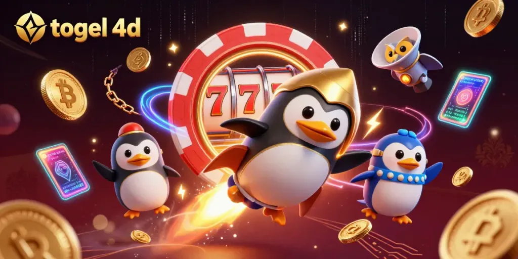 Engaging illustration showcasing togel 4d concepts with a golden penguin and casino elements in a dynamic scene.