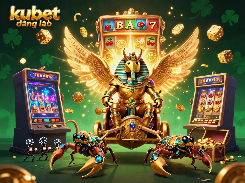 Experience kubet đăng nhập with vibrant casino excitement, featuring a golden scarab leader amidst dazzling game elements.
