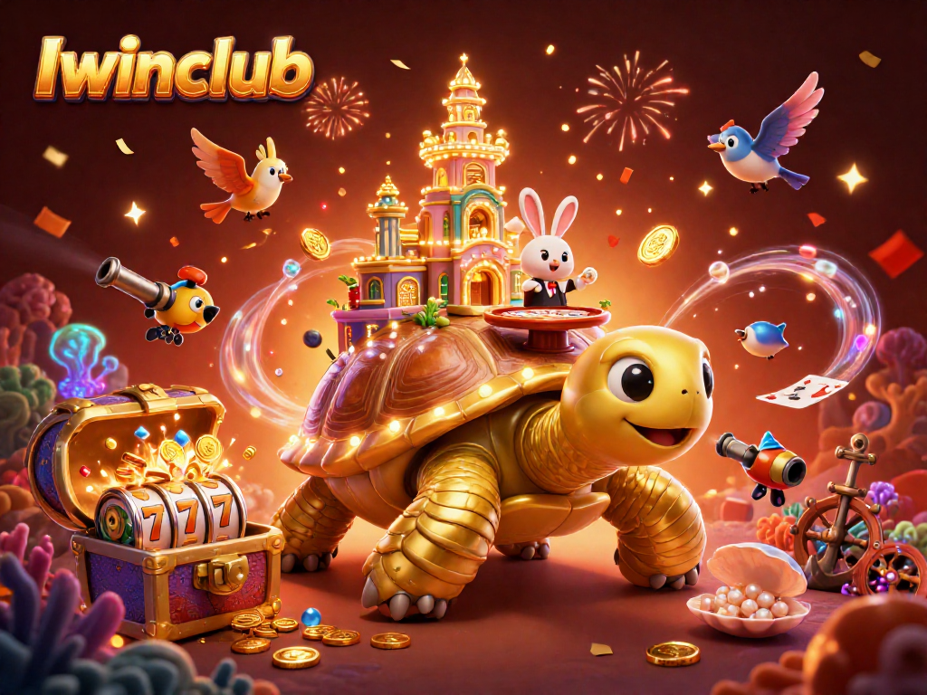 Iwinclub dynamic scene with a golden tortoise casino, rabbit dealer, and confetti celebration.