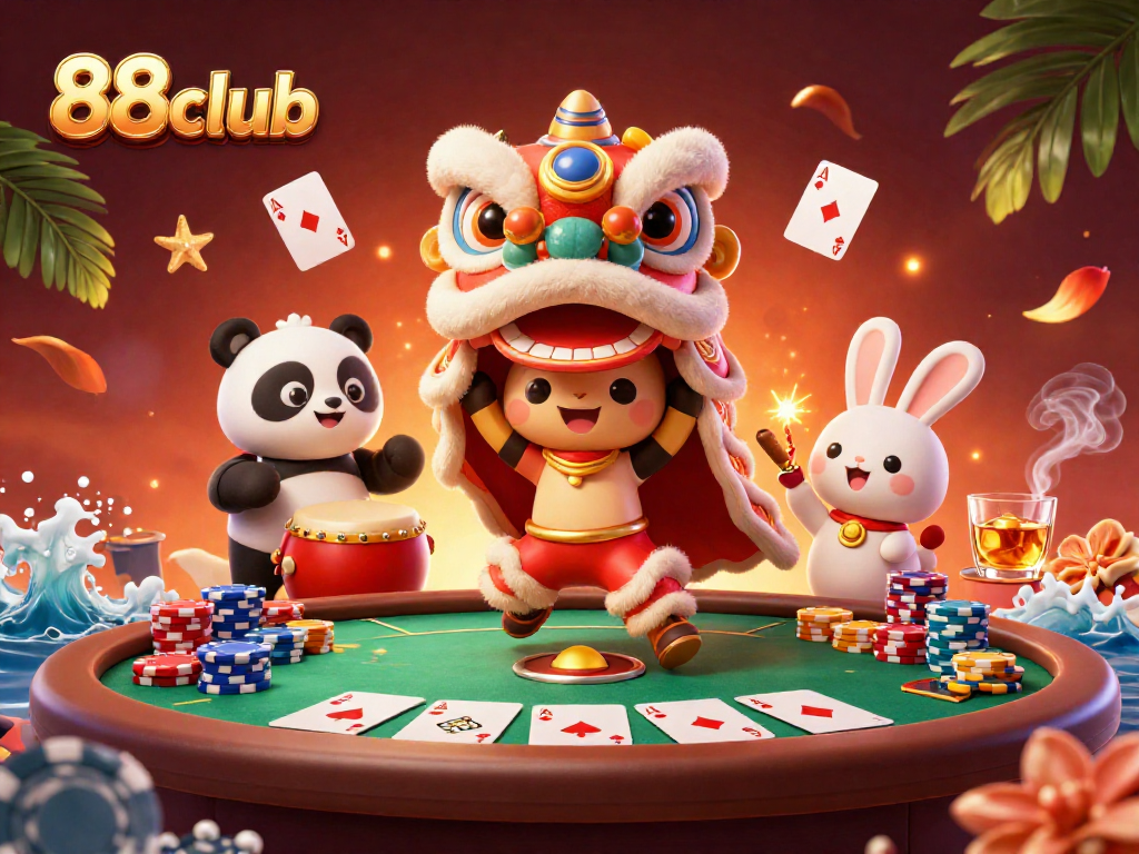 Engage with 88club's vibrant gambling world featuring a lively lion dance and poker elements.