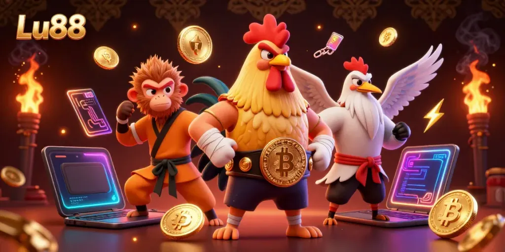 Engage with Lu88's thrilling atmosphere featuring a fierce rooster, monkey martial artist, and wise crane amidst vibrant crypto elements
