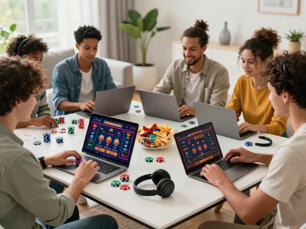 Friends exploring non gamstop online casinos in a cozy living room.