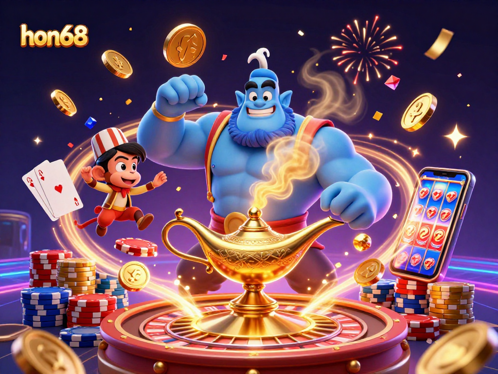 Win big at hon68 with vibrant 3D casino illustration showcasing the thrill of gaming and fortune.