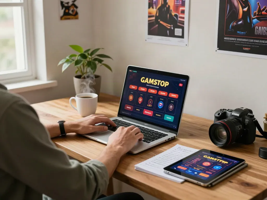 Person researching non gamstop casinos in a cozy home office.