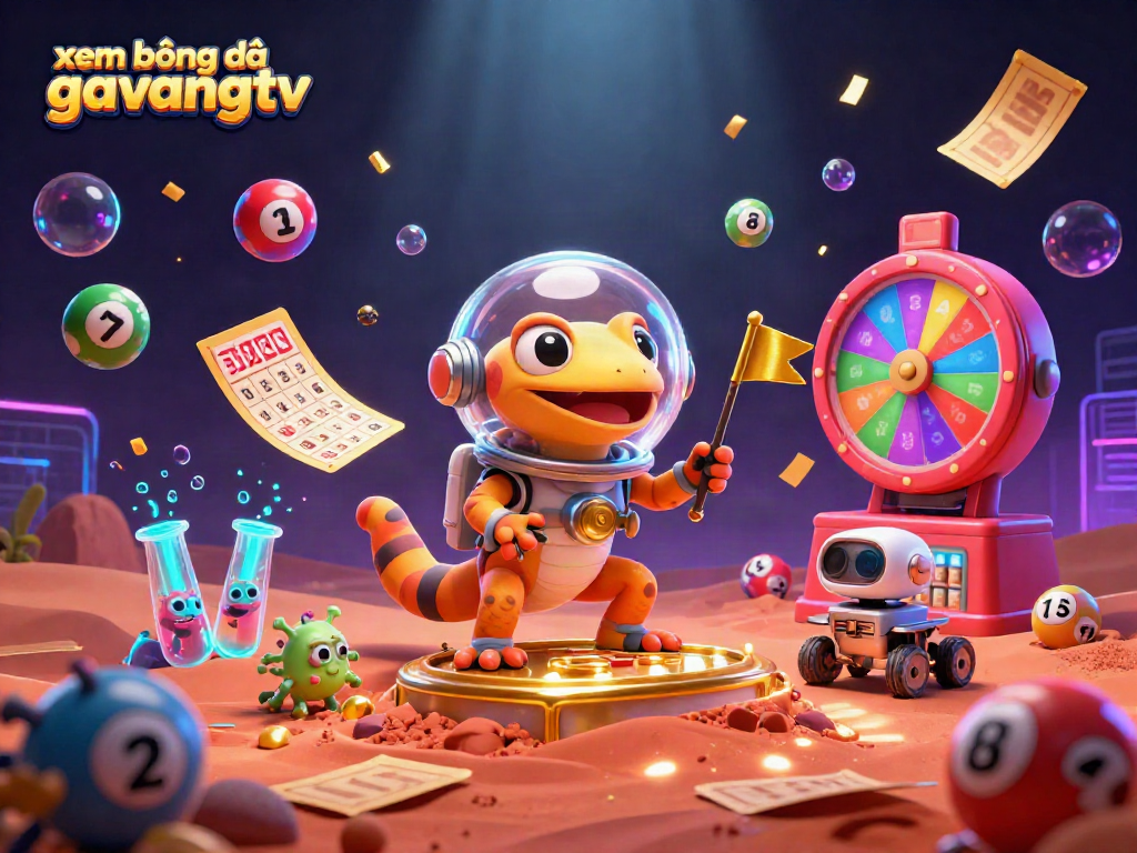 Bet on xem bóng đá gavangtv with cartoon Martian characters, dynamic lottery elements and alien bacteria celebration.