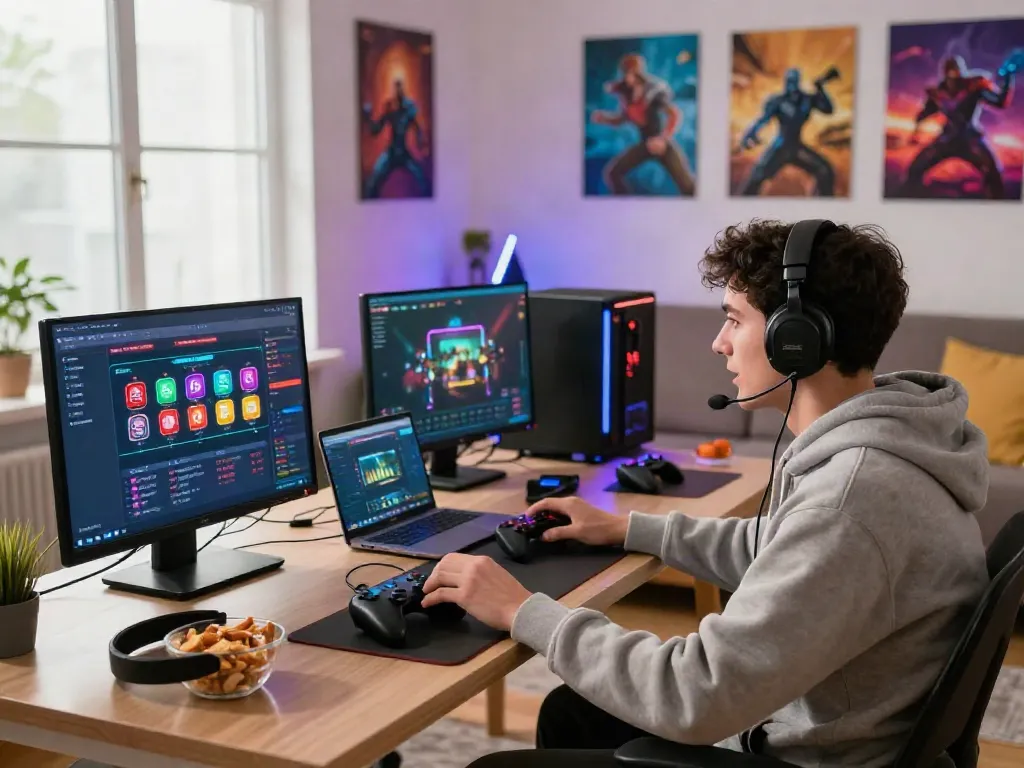 Engaged player gaming with non Gamstop interface in cozy room.