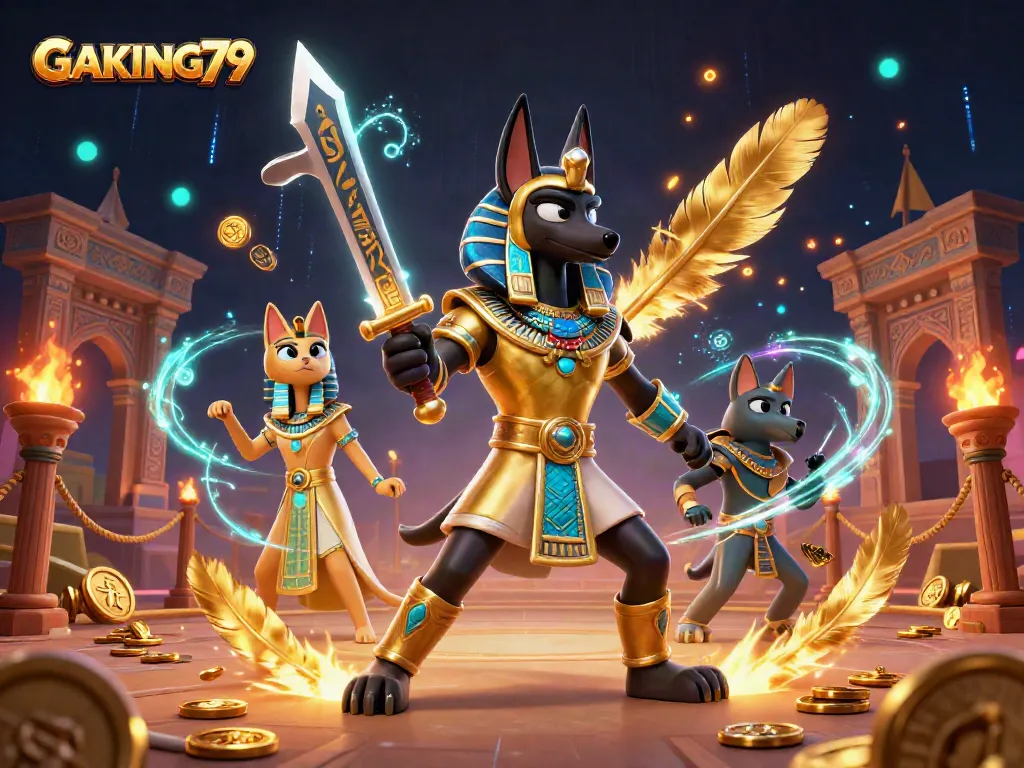 Engage in thrilling betting at GAKING79 with an action-packed scene featuring Anubis and Bastet.