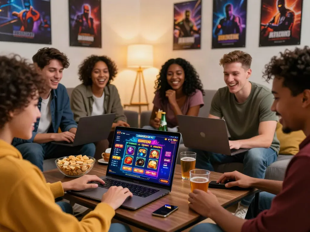 Diverse friends enjoying a gaming session on a non GamStop casino platform in a cozy living room.