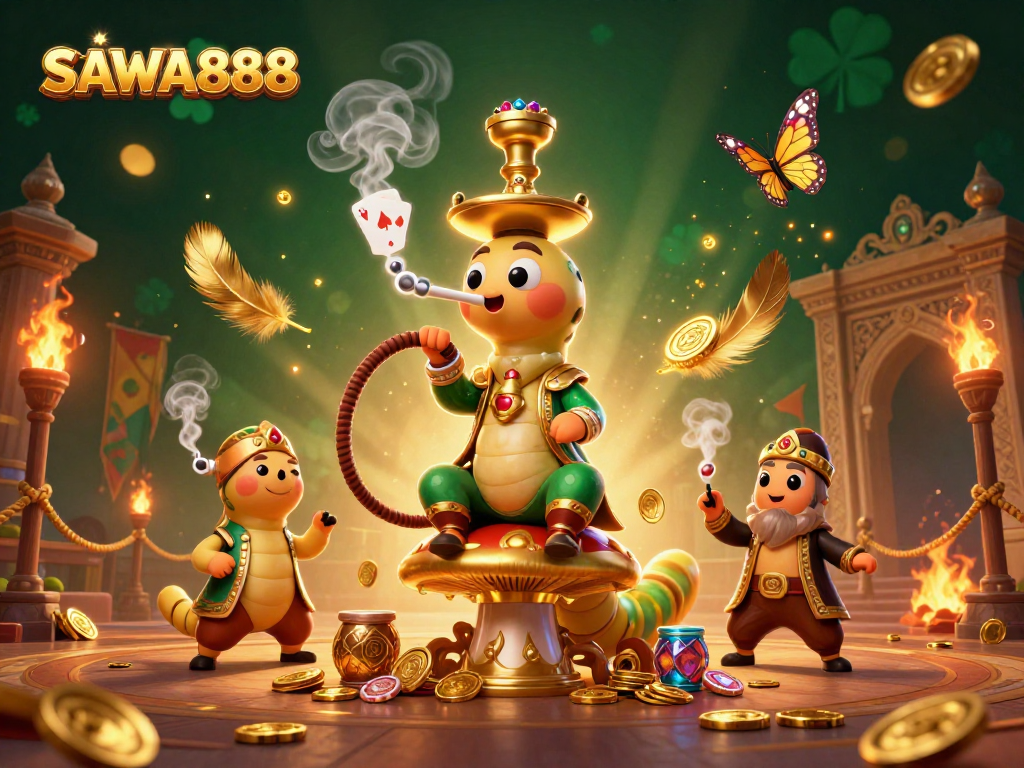 Experience thrilling gameplay on SAWA888 with a vibrant casino illustration featuring a whimsical caterpillar master.