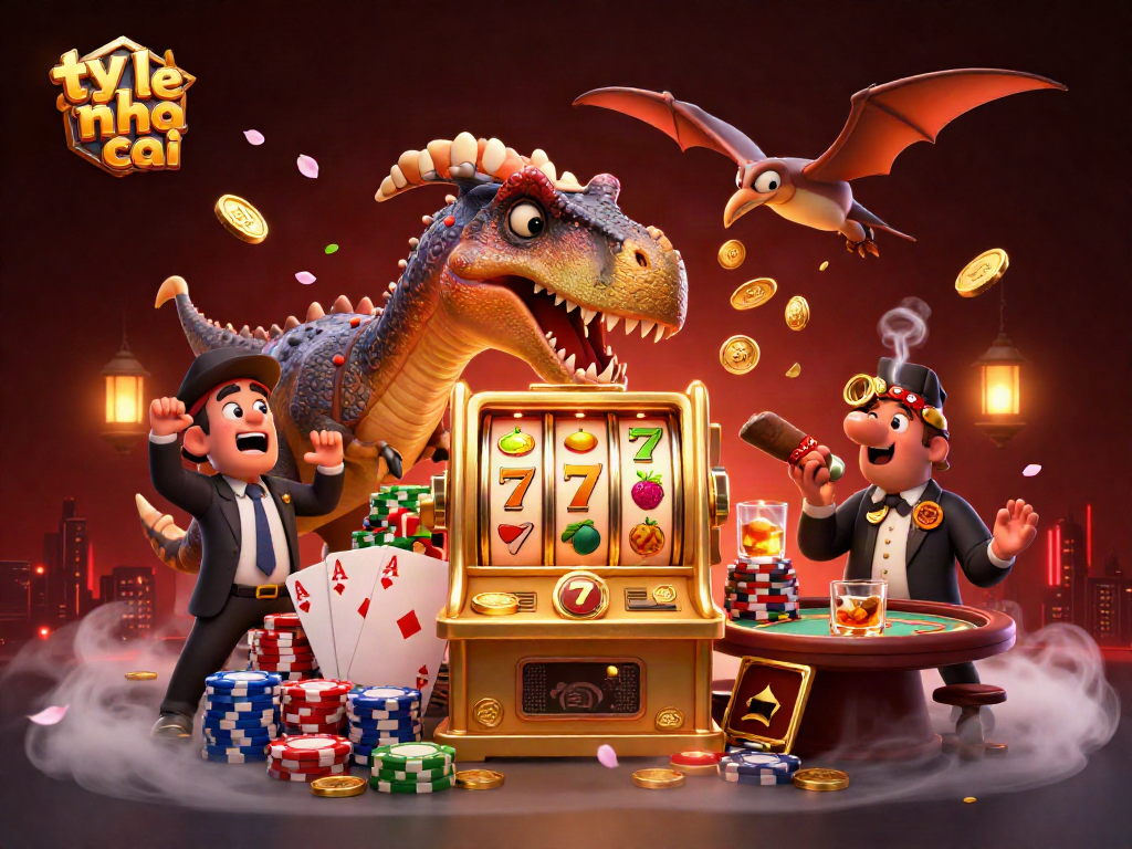 Experience thrilling gaming with ty le nha cai, featuring vibrant characters at a lively casino scene.