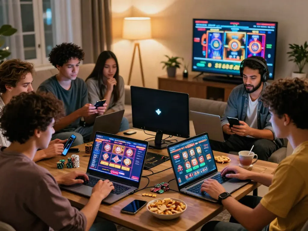 Friends enjoying a lively gaming session on non GamStop casinos with laptops and snacks.