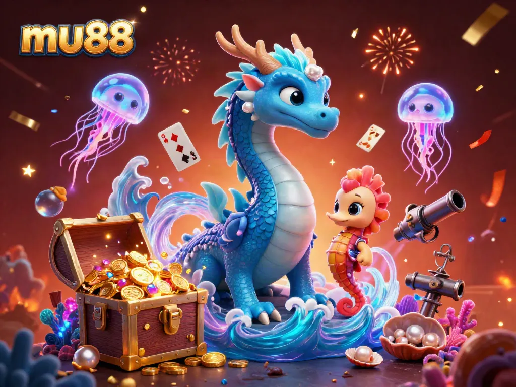 Experience the excitement of mu88 with a vibrant underwater scene featuring a dragon, seahorse knight, and treasure.