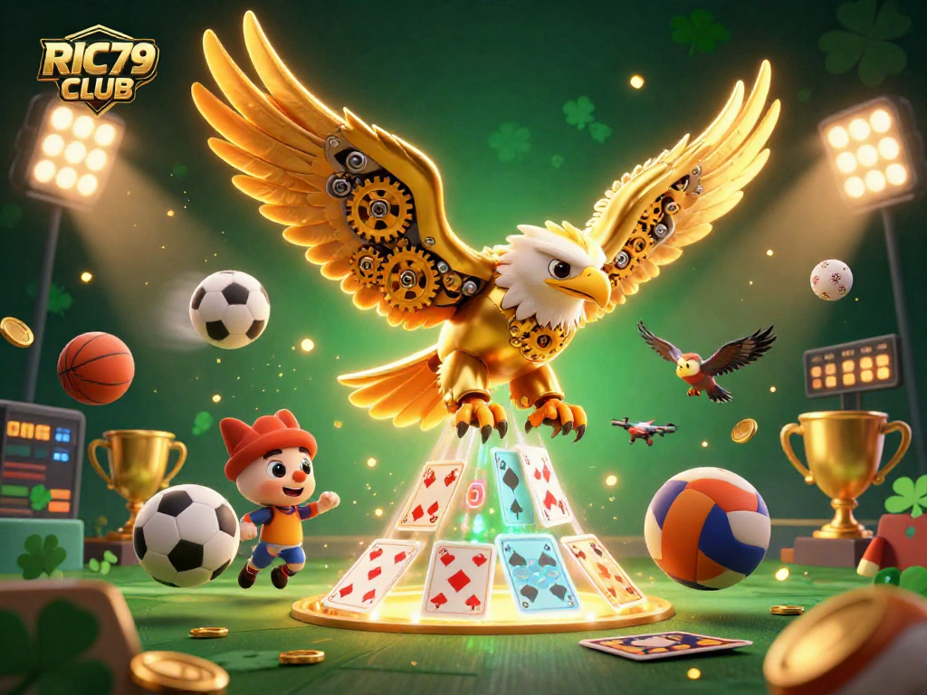 Experience thrilling action at RIC79 CLUB with a cybernetic eagle amidst dynamic sports elements.