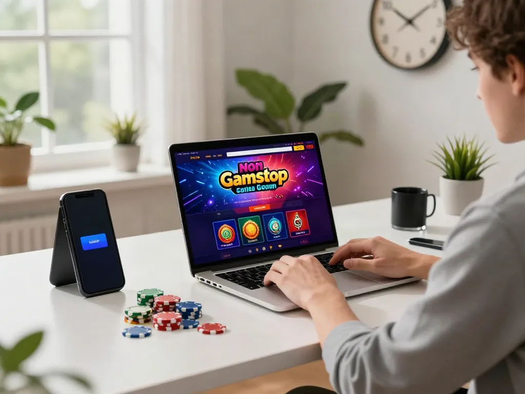 Enjoying a vibrant non GamStop casino experience from a stylish home office.