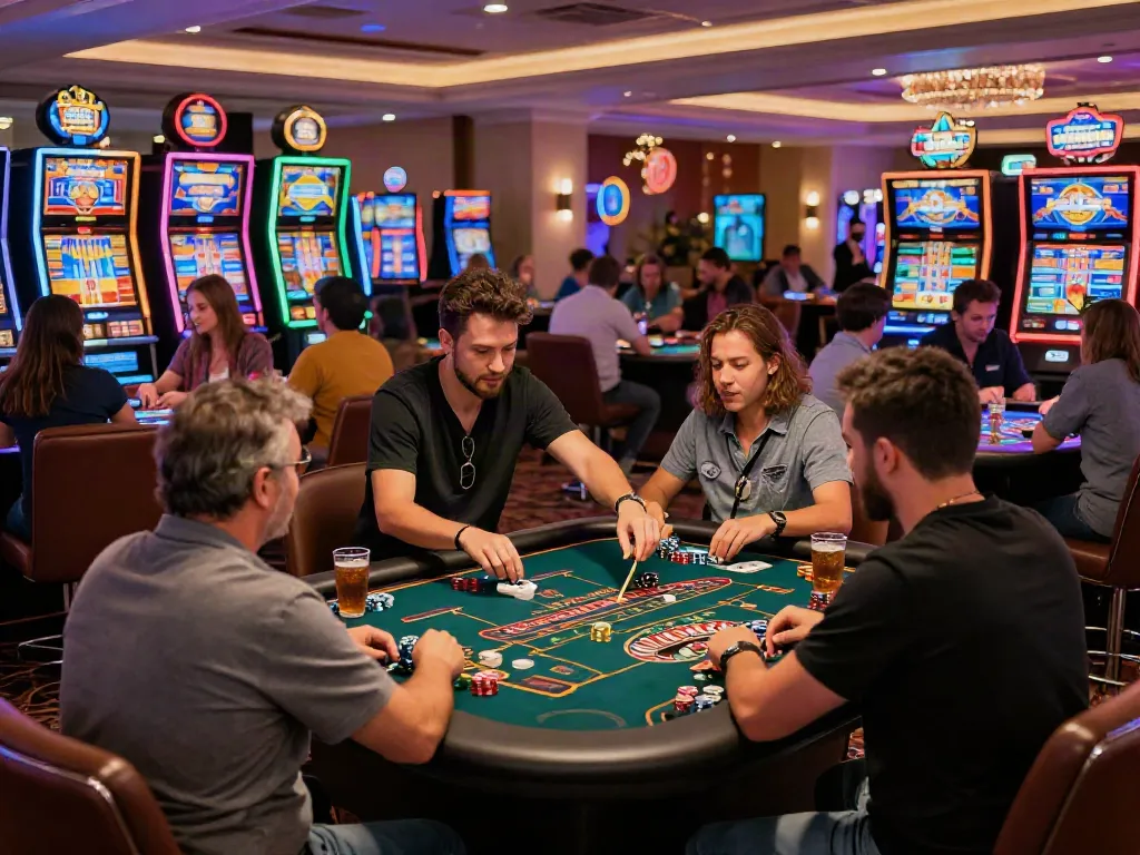 Exciting non GamStop casino gaming scene with diverse players enjoying various games