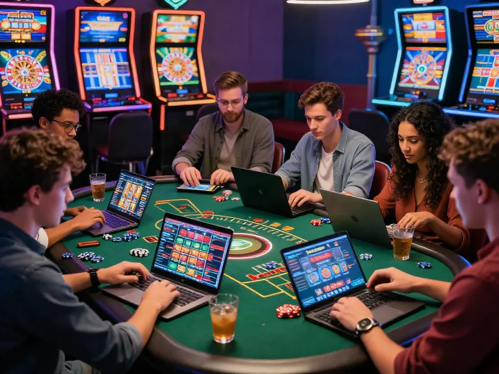 Exciting gameplay at credit card casinos with friends enjoying online gaming on laptops and mobile devices in a vibrant atmosphere.