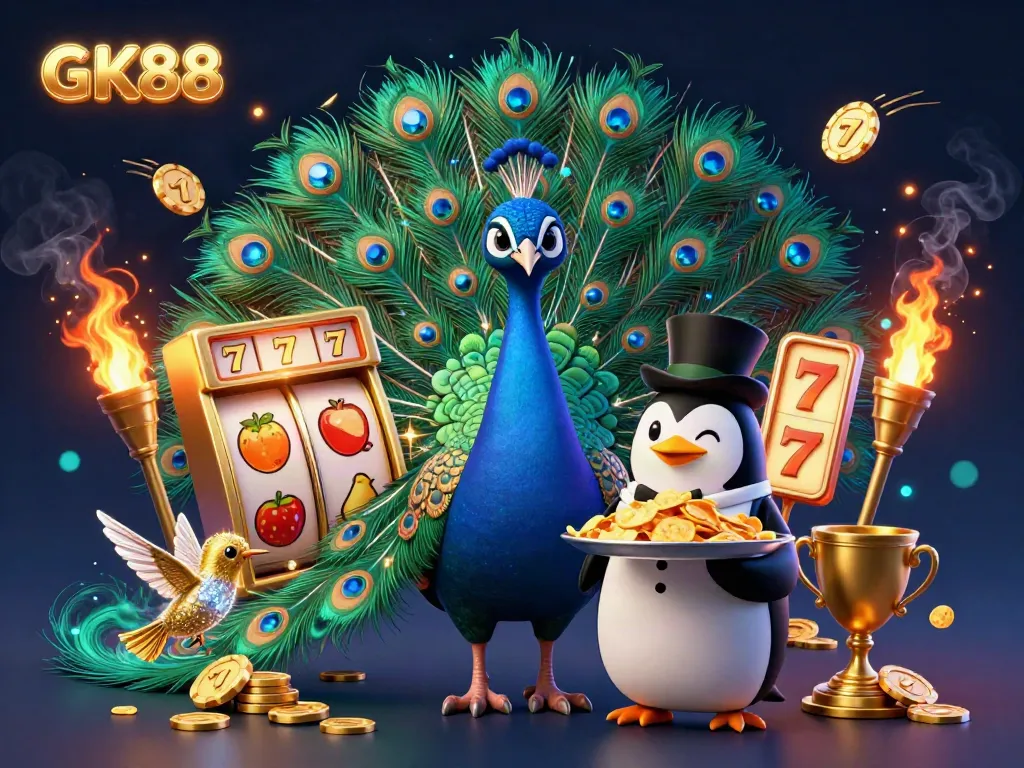 Experience the excitement of GK88 with vibrant casino characters, slot reels, and golden chips in a rich 3D illustration.