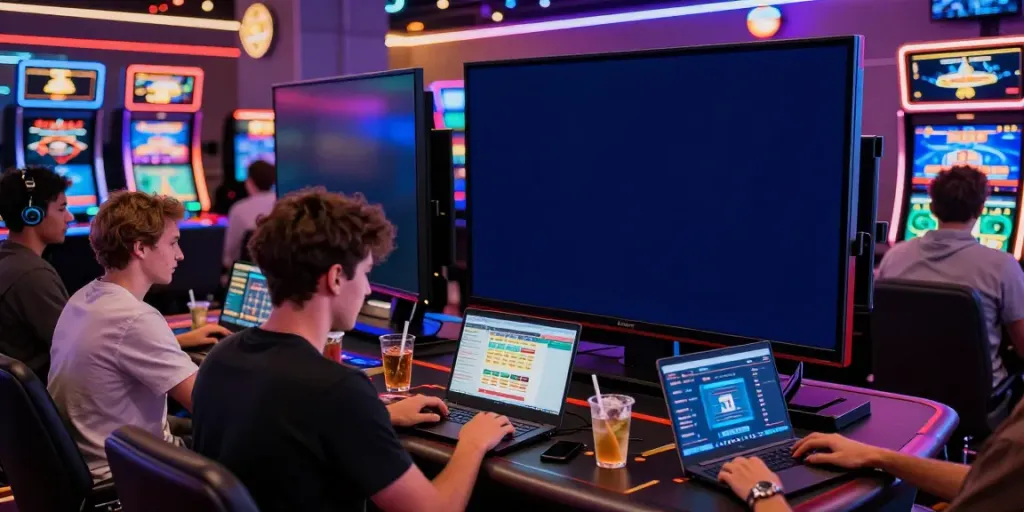 Exciting non GamStop casino gaming scene with diverse players enjoying vibrant atmosphere