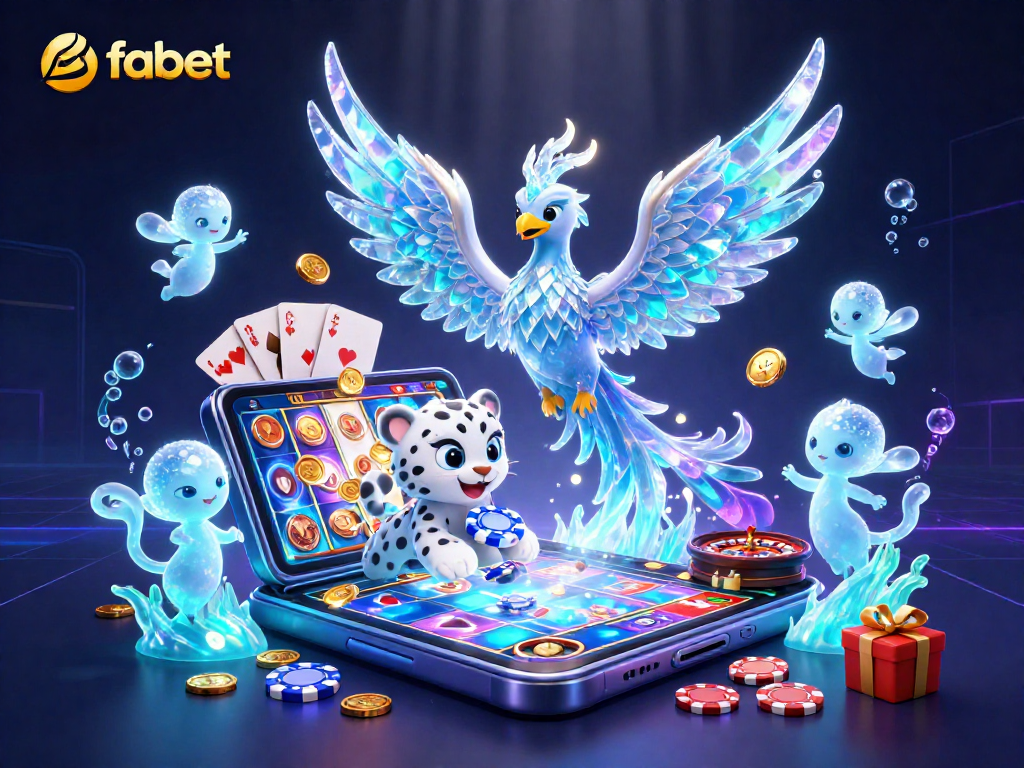 Experience thrilling gameplay with fabet in a vibrant, dynamic casino scene featuring an ice phoenix, poker chip, and slot games.