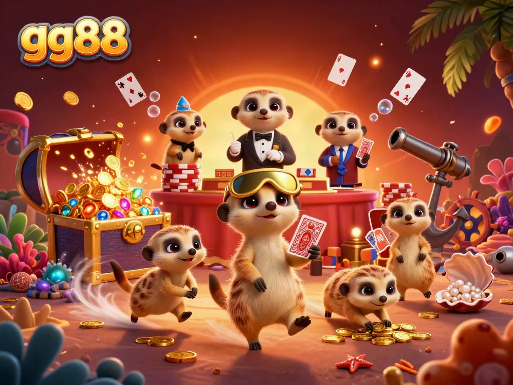 Experience the dynamic operation of gg88's cartoon meerkats in a lively casino scene filled with treasures.