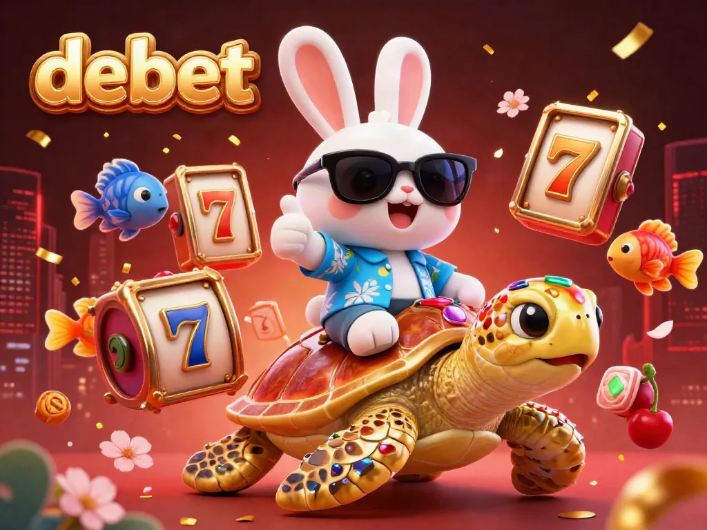 Play and win with DEBET's exciting slot games featuring a lucky rabbit and a golden turtle.