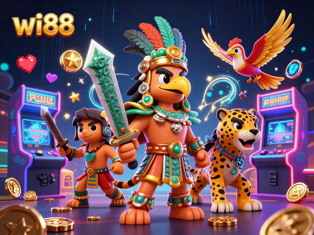 Engage with the vibrant world of wi88 casino gaming through a 3D illustration filled with energetic characters and game elements.