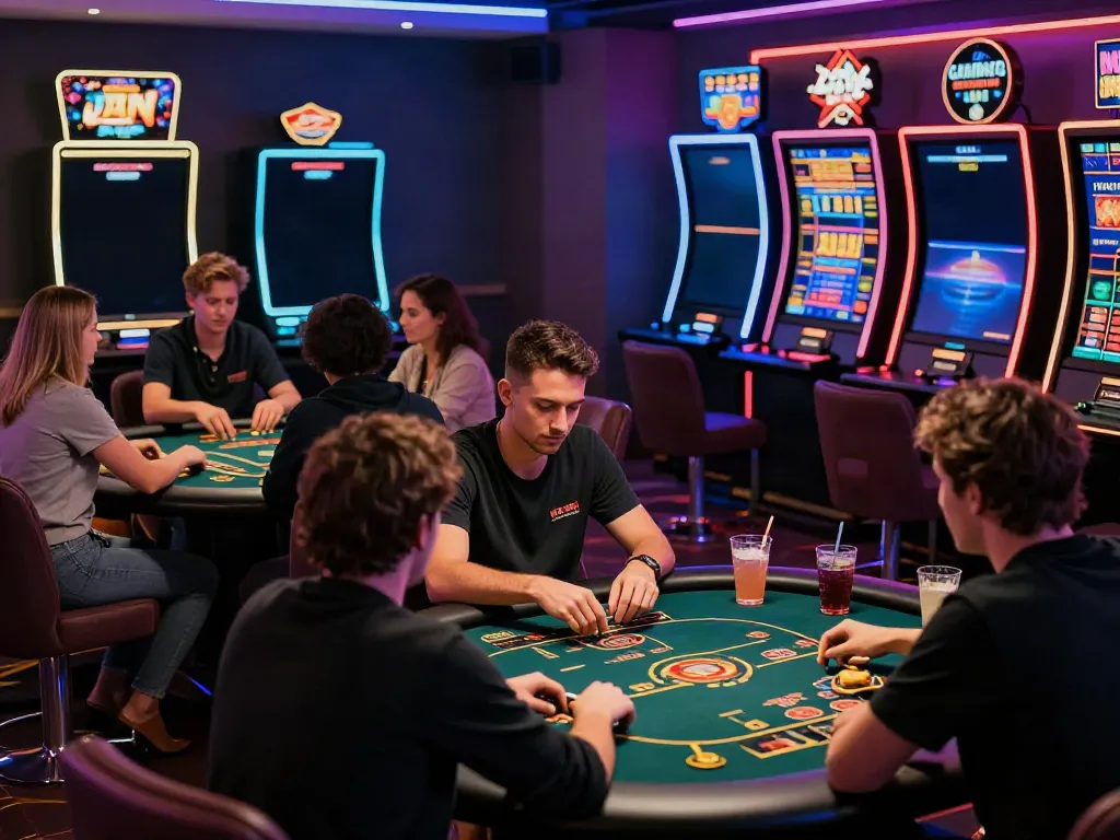 Diverse players enjoying vibrant non GamStop casino games in a modern lounge.