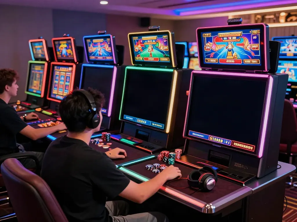 Player engaging with non Gamstop casino games on multiple monitors in an immersive gaming setup.