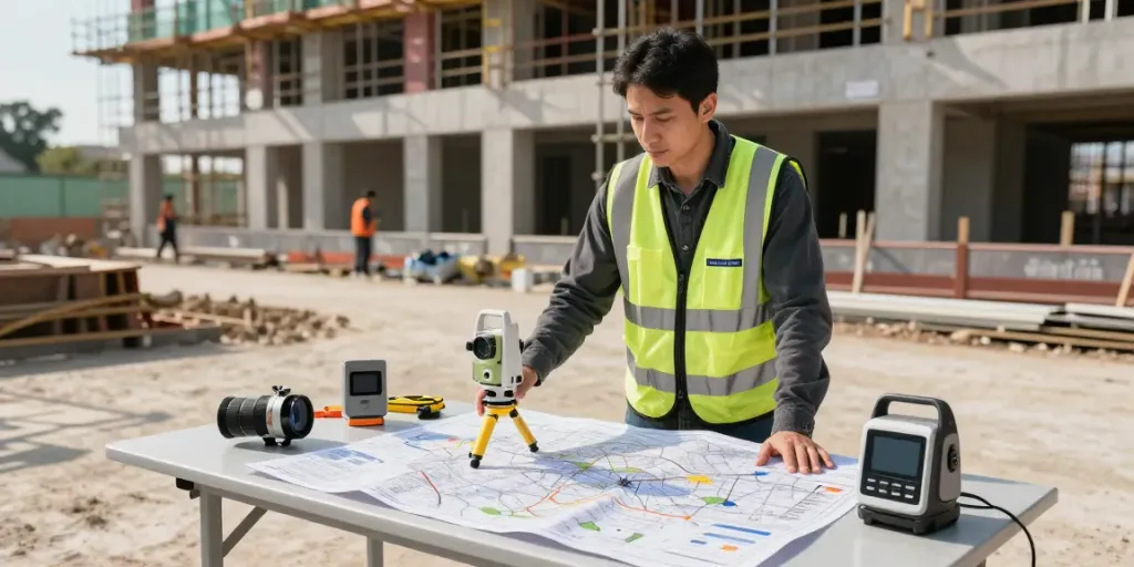 Topographical Survey Surrey scene with a surveyor using advanced equipment on a construction site.