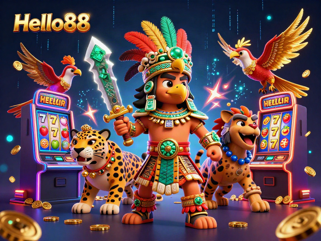 Hello88 features vibrant slot machines, jackpot counters, and Aztec warriors in a dynamic gaming scene.