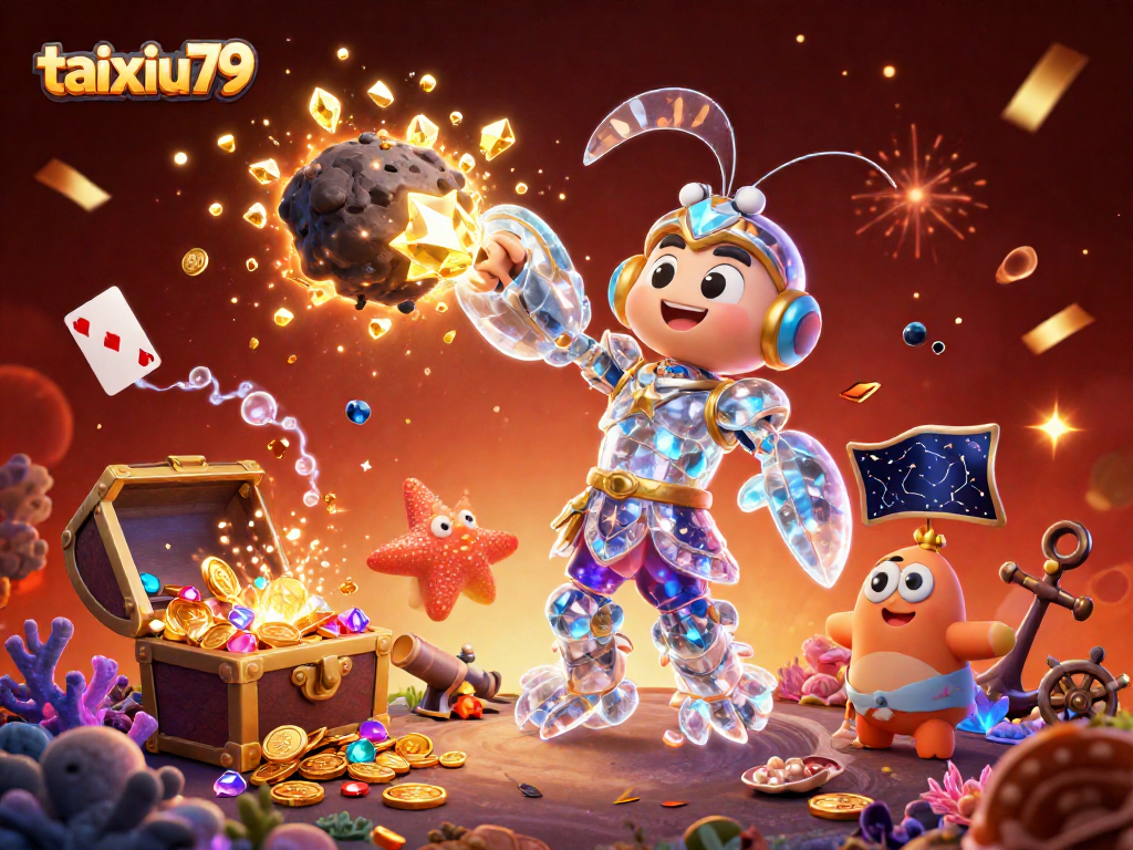 Engage with taixiu79 as the whimsical characters celebrate a casino adventure amidst golden coins and gems.