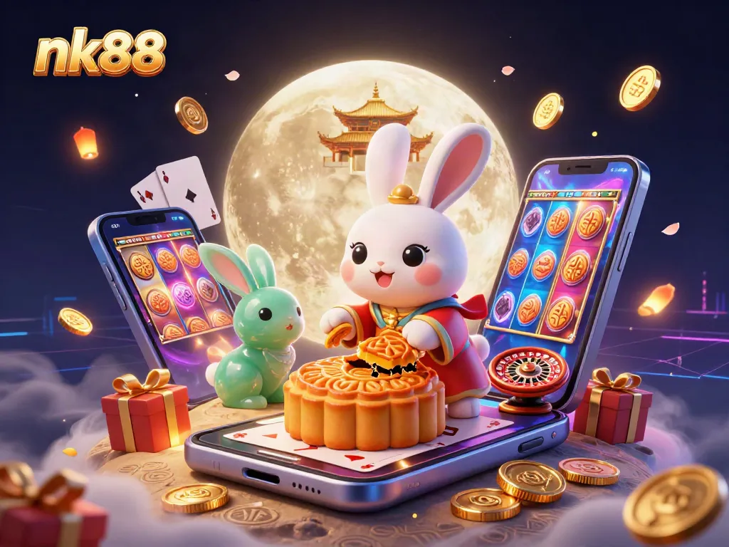Experience thrilling gameplay with nk88, featuring a moon rabbit uncovering poker chips and casino excitement.