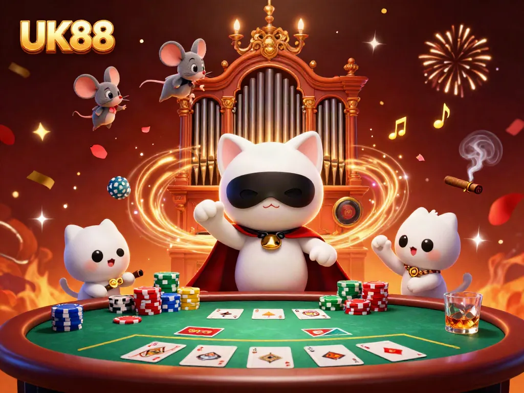 Engage with the dynamic casino scene at UK88 featuring a whimsical casino with our iconic cat and vibrant game elements.