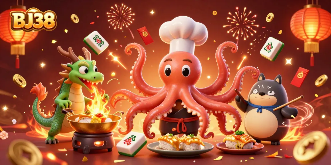 BJ38 dragon chef and tanuki gambling at a festive casino scene with firework effects.