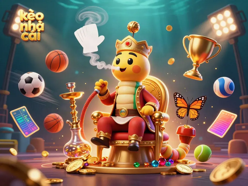 Interactive scene of kèo nhà cái with sports balls and golden trophy emphasizing thrilling betting action.