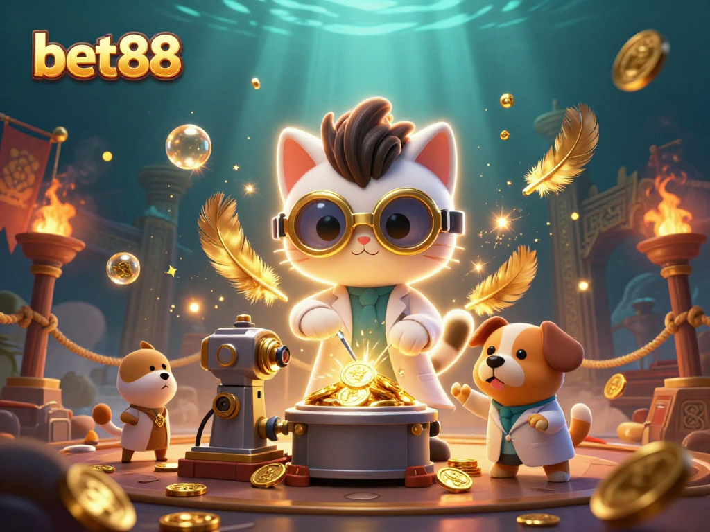 Bet88 casino scene with a cartoon scientist cat and dog creating gold coins amidst dynamic game elements.