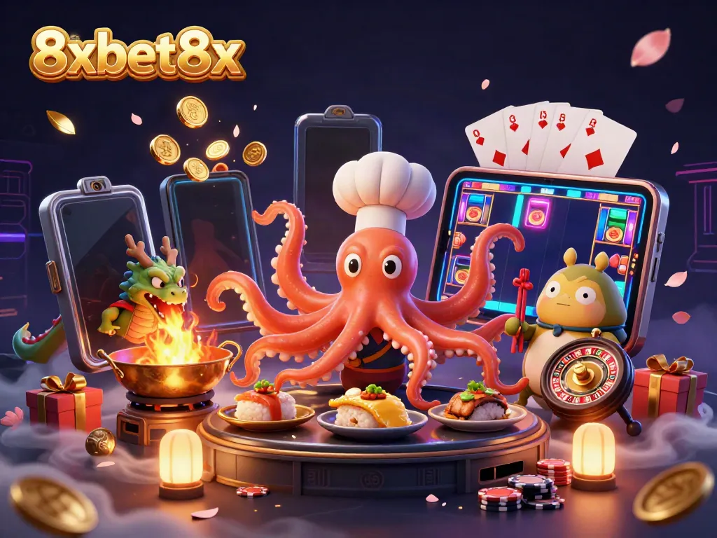 Engage with 8xbet8x in a vibrant casino scene featuring a cartoon sushi chef octopus and companions