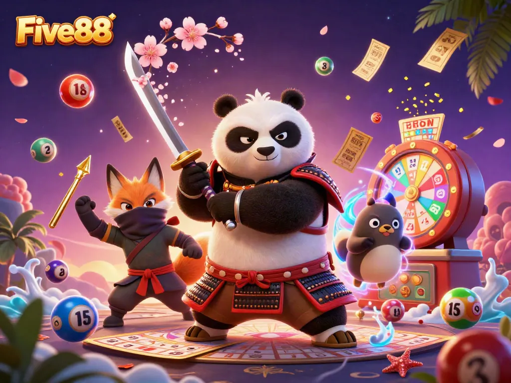 Experience lively gameplay at Five88 with a dynamic scene of samurai panda, ninja fox, and floating spirit.