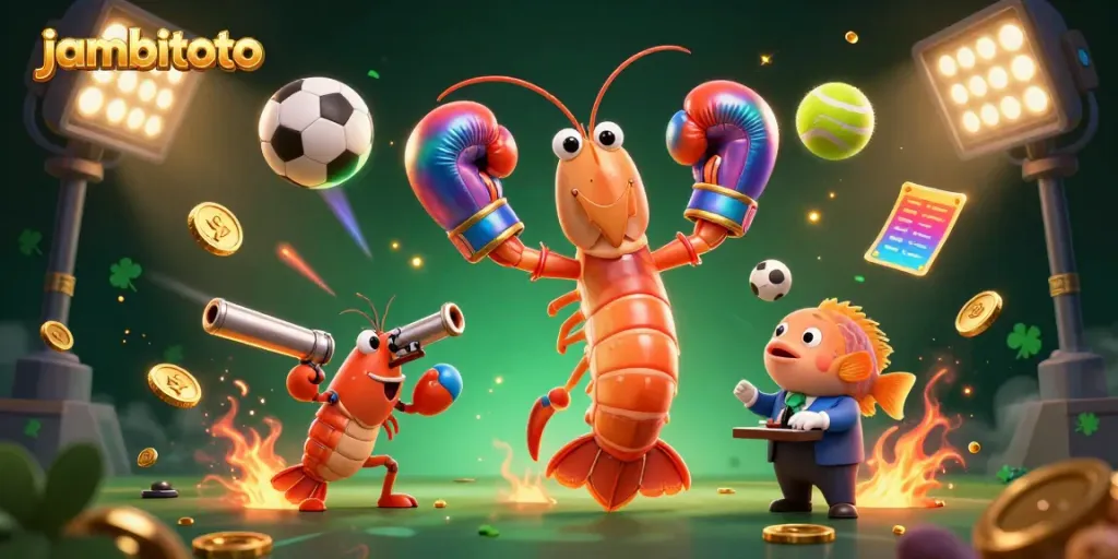 Experience vibrant action with jambitoto as cartoon shrimp champions take center stage in a dynamic casino environment.