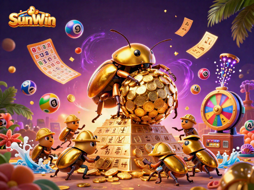 SunWin showcases an exciting scene with a golden dung beetle rolling coins and dynamic lottery elements
