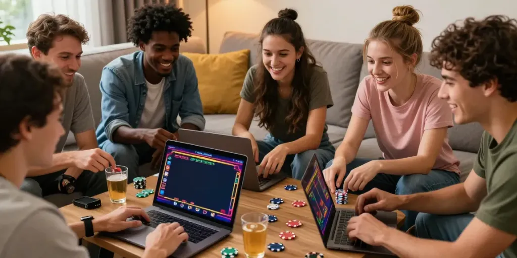 Friends enjoying non GamStop casino options online, vibrant gaming atmosphere.